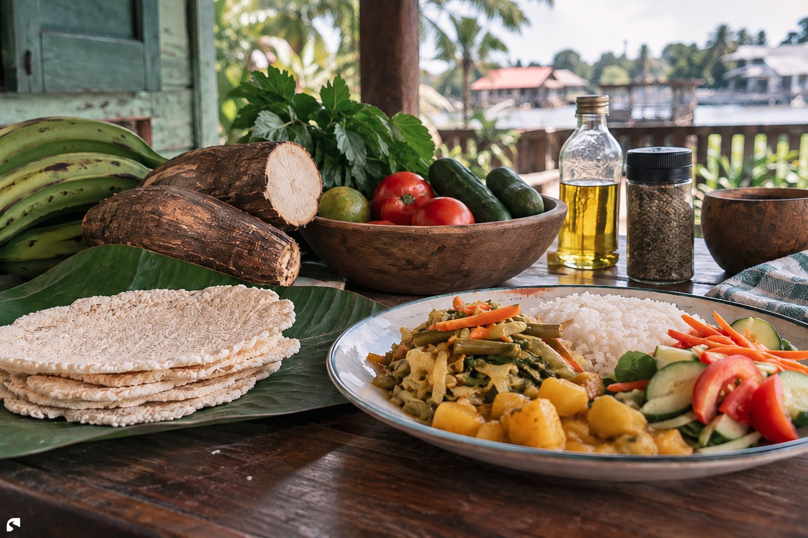 Gluten-free Surinamese meal with rice, vegetables, cassava bread, plantain and fresh produce by the river.